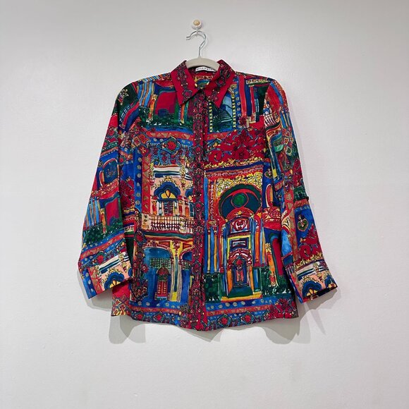Alice + Olivia Cal Button-down Silk Shirt In Havana Town Size XS - Picture 4 of 9